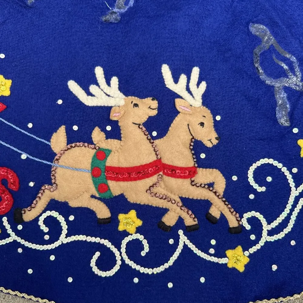 Vtg 90s Bucilla Felt Santa Sled Round Xmas Tree Skirt Completed-CRAFT PROJECT